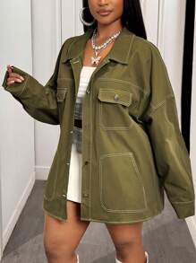 Slaydiva 大码秋冬新款女装，宽松休闲超大款工装外套，外缝拼接设计，橄榄绿大码女式外套 - 綠色 - 查看 9