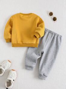 Cozy Pixies Bộ 2 món/Bộ áo nỉ dài tay cổ tròn in chữ hoạt hình cho bé trai kèm quần cạp chun co giãn màu tương phản - Nhiều màu - Xem 2