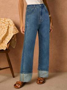 Poéselle 女式休闲水洗高腰直筒牛仔裤 - 中等水洗藍 - 查看 4