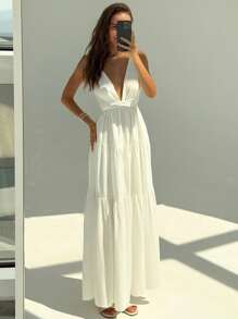 Aloruh 夏季白色度假深 V 领系腰 A 字形荷叶边女式连衣裙 - 白色 - 查看 6