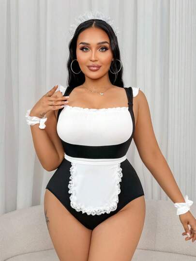 大码性感女仆装套装（紧身衣、围裙、2 副手套、头饰）