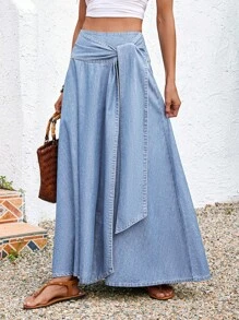 Vivid Eden 女士牛仔裙休闲度假宽松长裙蓝色腰带蝴蝶结长裙休闲度假风春夏西装女节日裙波西米亚风牛仔女 - 淺色水洗藍 - 查看 5