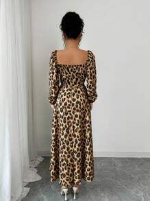 Selianne 女士豹纹方领短袖连衣裙，春夏 - 彩色 - 查看 3