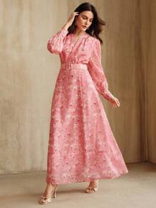 Anewsta Summer Vacation Style Pink Ditsy Floral Long Sleeve V-Neck Dress With Belt For Women - Pink - View 5