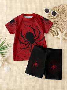 Boys Casual Loose Round Neck Short Sleeve T-Shirt & Shorts 2-Piece Swimwear Set, Suitable For Summer