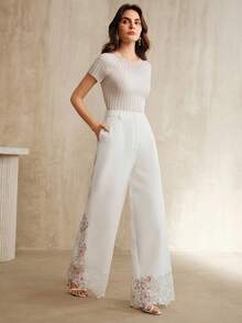 Anewsta Women's High Waist Flowy Lace Embroidery Patchwork Pants, Vacation Style - White - View 6