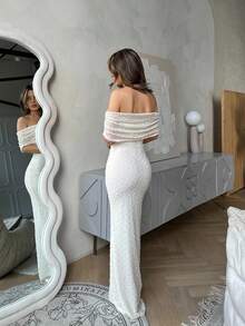 Jemour Váy bó sát hở vai màu mơ lãng mạn mùa xuân/hè, vải có họa tiết - Màu be - Xem 2