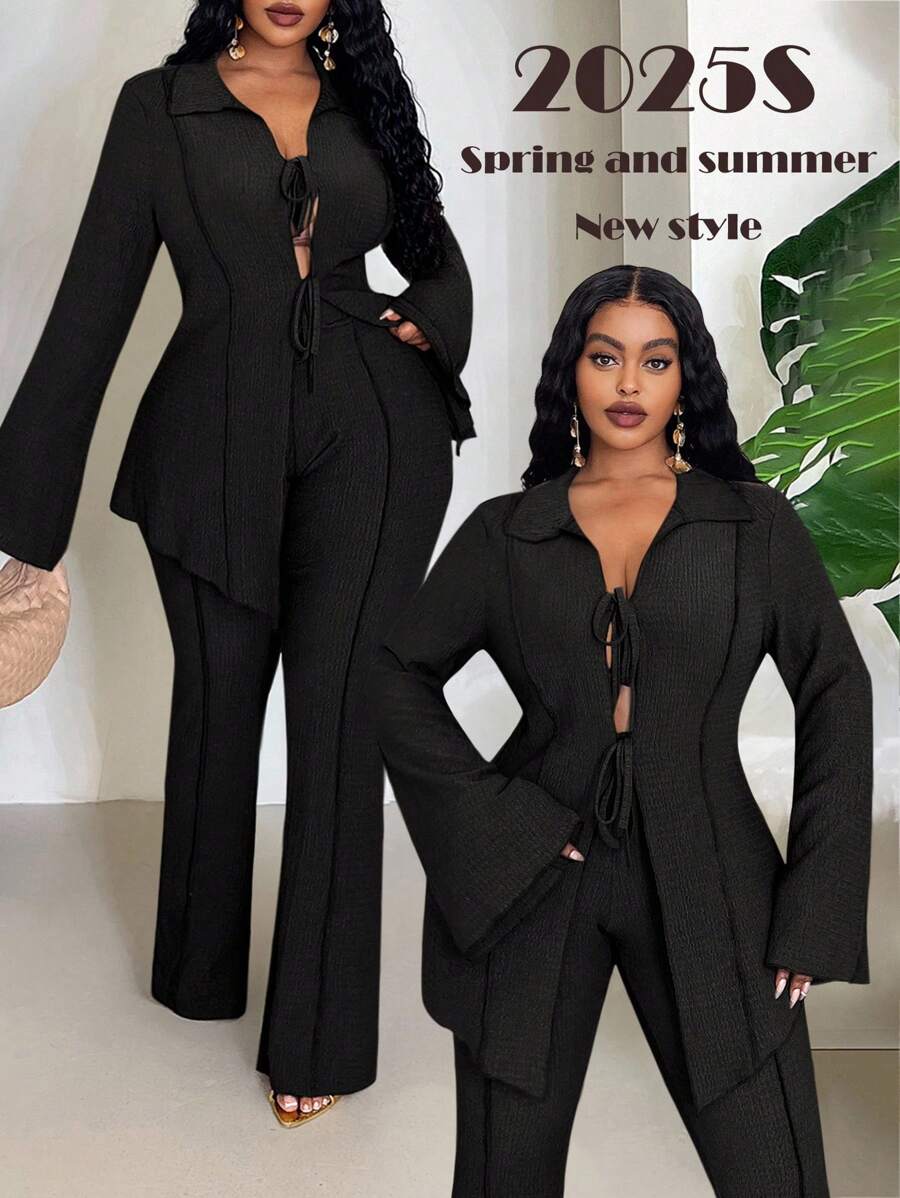 Veslaya 2 piezas Conjunto de mujer talla grande 2025 Primavera/Verano Casual/Playa/Viaje por carretera/Escapada urbana Cardigan con lazo en el cuello en color caqui sólido y pantalón ancho de pierna larga con cintura elástica Conjunto de 2 piezas talla grande - Negro - Ver 1