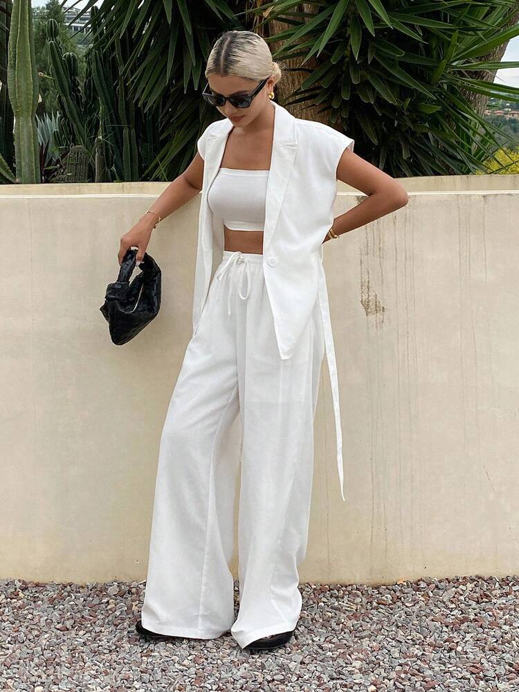 2pcs/Set Women's Casual Business Loose White Outfit, Autumn New Arrival