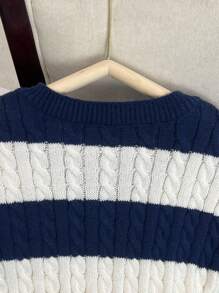 SHEIN Tween Girls' Stripe Contrast Color Twist Rope V-Neck Lantern Sleeve Loose Fit Pullover Sweater, Suitable For Autumn/Winter And Outdoor Wear Fall - Navy Blue - View 7