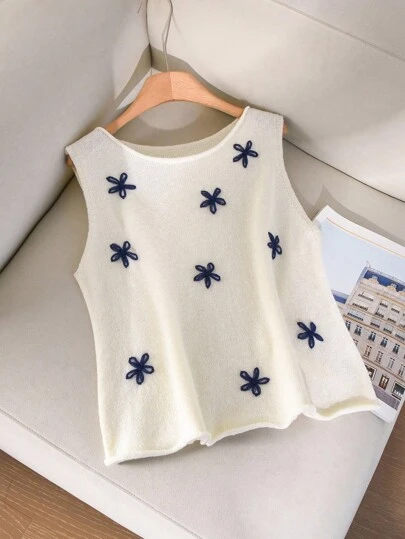 CosyJoli 大码女式 3D 花卉装饰圆领休闲针织背心，秋冬外出上衣