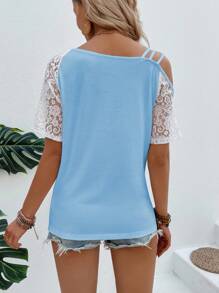 SHEIN LUNE Áo thun nữ họa tiết trái tim và da báo thêu ren, áo thun in hình báo gêpa cho nữ - Màu xanh nhạt - Xem 2