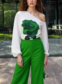 INAWLY 女士玫瑰花卉印花不对称领口灯笼袖上衣和裤子时尚两件套 - 綠色 - 查看 5