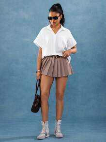 Hanevo 白色抽绳口袋前扣休闲短袖夏季衬衫 - 白色 - 查看 5