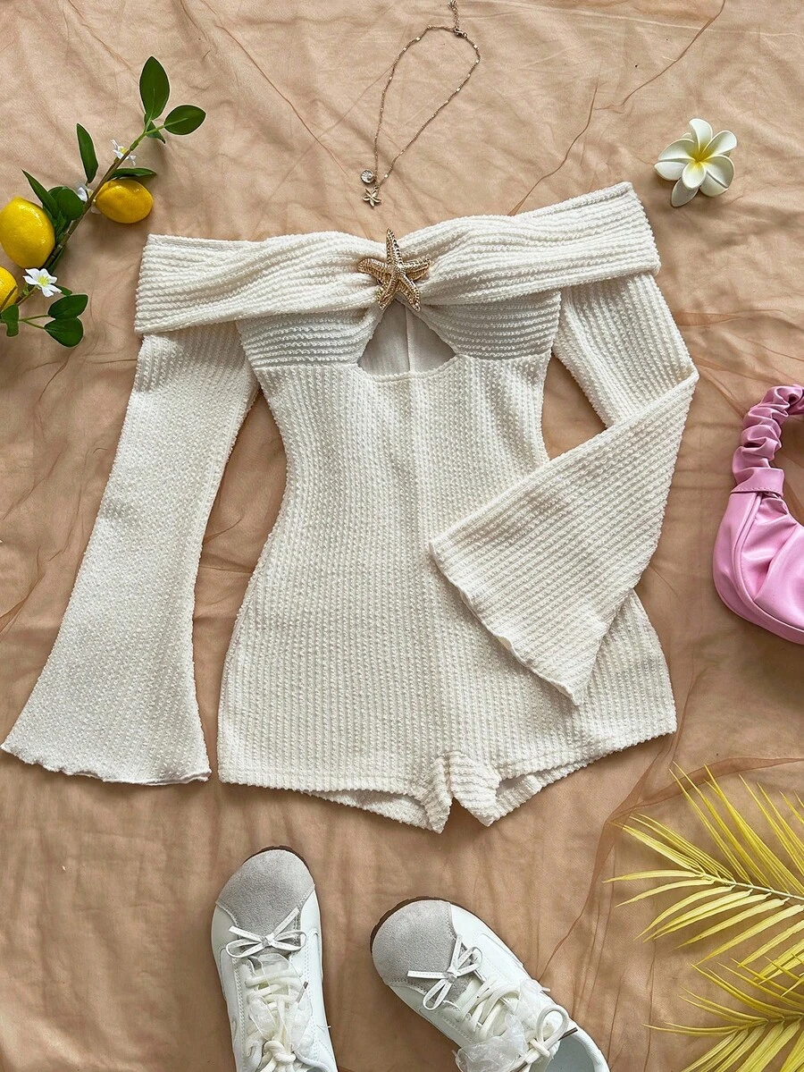 Soleia Women's Holiday Wave Stripe Knit Texture Off Shoulder Hollow Out Long Sleeve Short Jumpsuit, Suitable For Vacation, Date, Afternoon Tea, Seaside Beach, Cruise, Island Resort, Urban Travel, Music Festival, Boho Style Cream Jumpsuit Off The Shoulder Jumpsuit Knitted Jumpsuit Cream Jumpsuit Cream Playsuit Ribbed Playsuit Off The Shoulder Playsuit Cream Romper Knitted Romper Off The Shoulder Romper Ribbed Romper Back To School, Back To School Season, Graduation Season Knitted Jumpsuit - Apricot - View 1