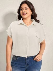 SHEIN LUNE Plus Size Summer Casual Solid Color Batwing Sleeve Shirt - Black - View 6