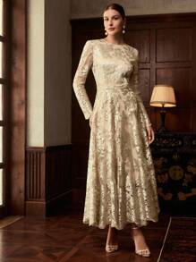 ZEYLAH EMBROIDERED FLORAL ELEGANT WAISTED DRESS - Champagne - View 3
