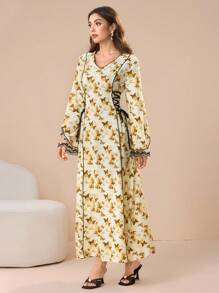 Al Najma 女士优雅系腰长袖阿拉伯风格连衣裙 - 黃色 - 查看 4