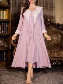 PalaceNights 2pcs Women's Floral Embroidery Splice Satin Long Sleeve Robe And Long Nightgown Pajama Set, Fall Winter Clothes - Purple - View 5
