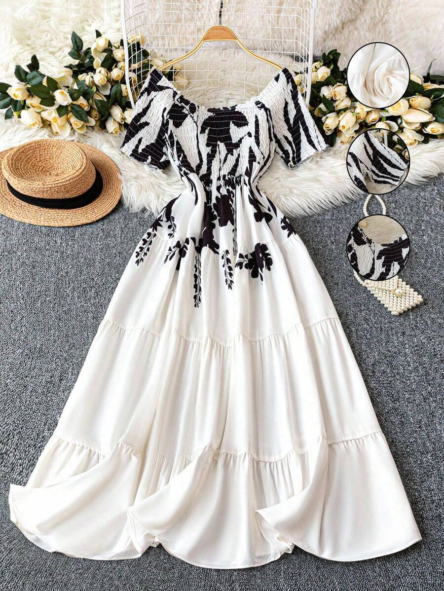 DreamSkyne Plus Size Women's Summer Graceful Off Shoulder Ruched Elastic Waist Slimming Flowy Colorful Printed Hem Dress, Versatile Beach Vacation Style - Multicolor - View 1