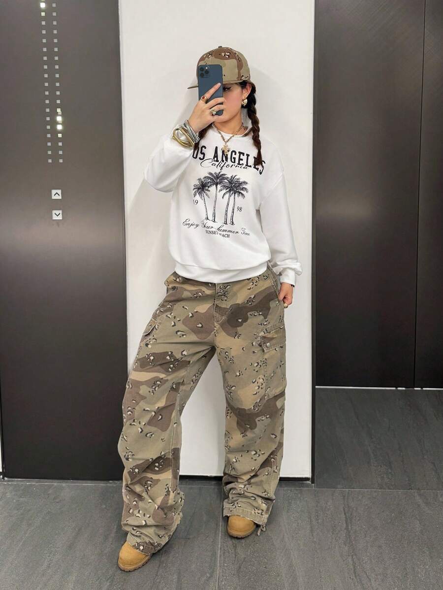 SHEIN 少女复古棕榈树热带岛屿度假风圆领百搭休闲运动衫 - 白色 - 查看 1