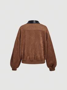 SHEIN MOD Suede Patchwork PU Collar Women Jacket, Retro Jacket, Autumn Jacket - Camel - View 3