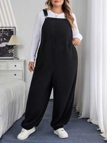 SHEIN CURVE+ Curves Plus Size/Chool Clothes/Back To School Clothes /Back To SchoolPlus Size Women Black Knitted Elastic Fuzzy Ribbed Bib Pants, Suitable For Autumn/Winter Plus Size Jumpsuit 8xl Women Clothes Curvy Jumpsuit Plus Size Overalls 2 Pieces Sets Curvyfall Clothes For Women,Winter,CURVE PLUS