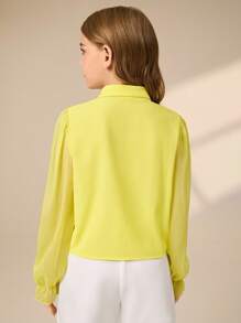 Tween Girls Chiffon Yellow Polo Collar Shirt And Casual Pants Set, European And American Street Style, Suitable For Spring/Autumn - Multicolor - View 2