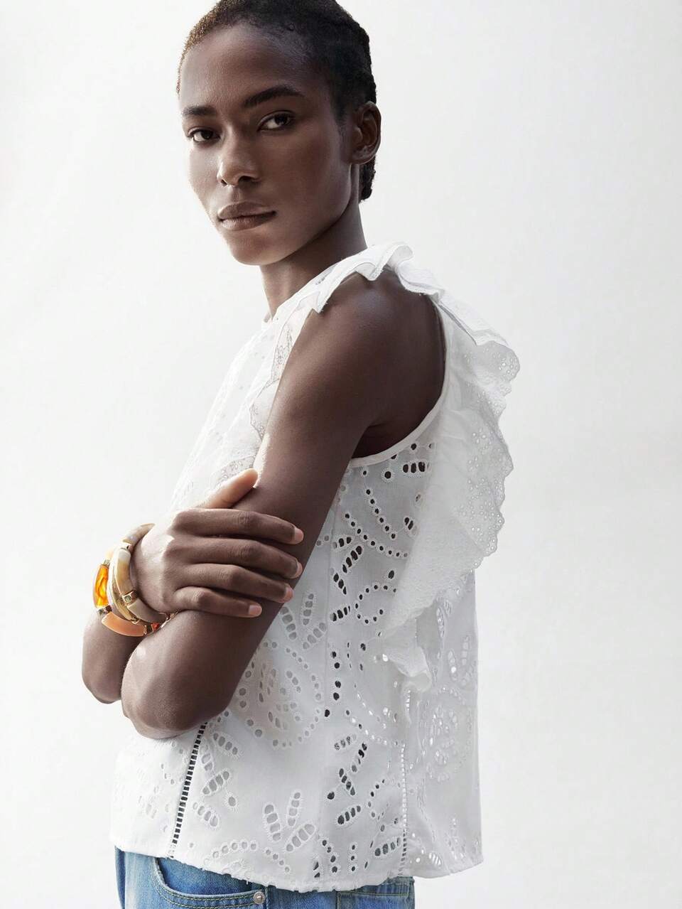 SHEIN Maija 2025 Summer New Elegant White Eyelet Embroidery Hollow Lace Flounce Sleeveless Blouse, Vacation Holiday Music Festival Beach Boho Style Top