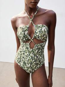 Maija 1 件女式度假全身印花镂空吊带连体泳衣，波西米亚风收腹泳衣，7 月 4 日泳衣 - 綠色 - 查看 1