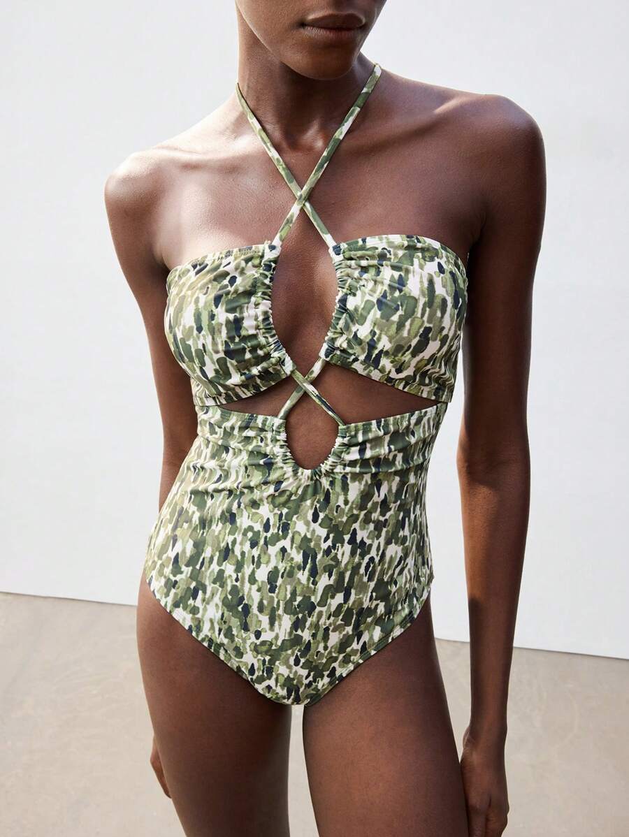 Maija 1 件女式度假全身印花镂空吊带连体泳衣，波西米亚风收腹泳衣，7 月 4 日泳衣 - 綠色 - 查看 1