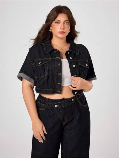 SHEIN ICON 大码女式经典复古时尚性感短袖牛仔外套，秋季优雅款