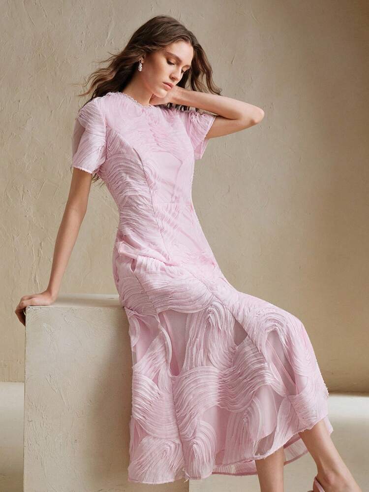 Beach Resort Style Floral Print Short Sleeve Round Neck Ruffle Trim Mermaid Hem Bodycon Dress, Suitable For Valentine's Day