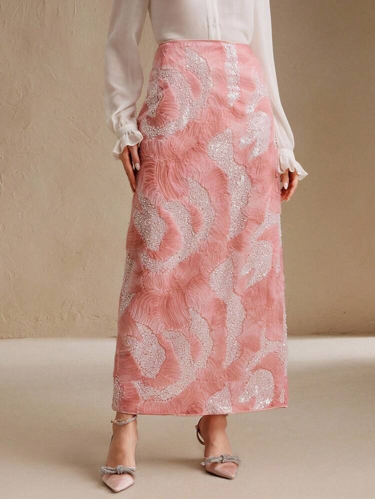 French Elegant Romantic Sequin Mesh Embroidery Abstract 3D Maxi Skirt, Niche Style