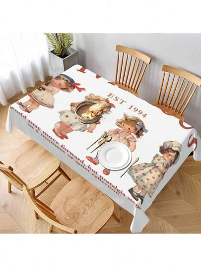 Goth 1pc Sweet White Tablecloth With Illustrations Of Four Girls Is Suitable For Outdoor Dining, Home Decoration, And Can Also Be Used For Picnics And Holiday Parties