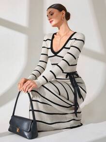 CLARA VERO Elegant Coastal Striped Maxi Knit Dress With Waist Bow Detail,Winter Dresses For Women,Petite - Black and White - View 8