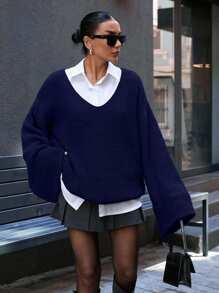 EURMUSE 休闲超大深V领双喇叭袖毛衣 - 藏蓝色 - 查看 5