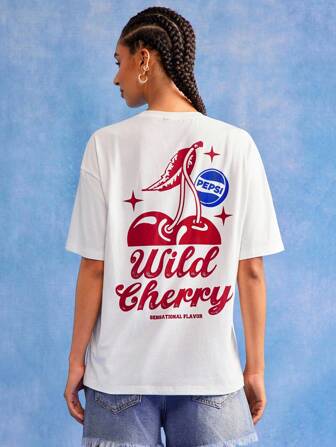 PEPSI X SHEIN Women's White Round Neck Short Sleeve T-Shirt With Letter And Cherry Print
