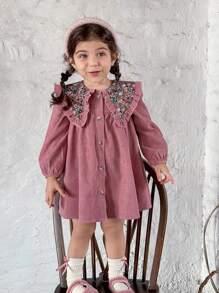 LMoss Kids 女婴梭织花卉拼布彼得潘领休闲连衣裙 - 粉色 - 查看 4