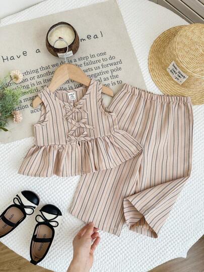 LMoss Kids 女婴条纹上衣和宽松休闲裤两件套，幼儿女童两件套服装，幼儿女童夏季条纹两件套，女婴细条纹套装，幼儿女童亚麻套装，女童套装