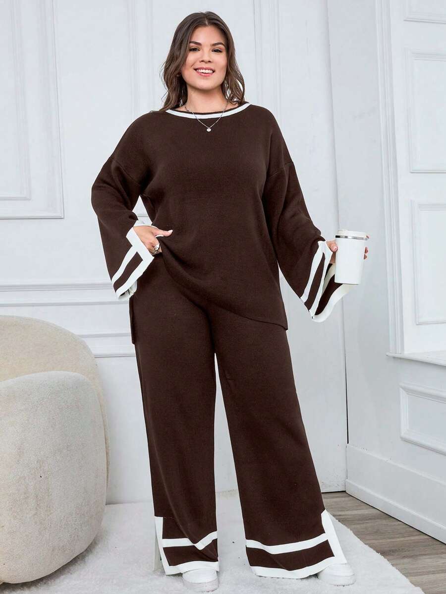 EURMUSE 1pc Contrast Trim Drop Shoulder Sweater & 1pc Knit Pants - Brown - View 1