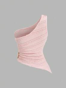 Sweetra 女士春夏新款适合海滩度假纹理面料不对称露肩设计杏色金属纽扣装饰衬衫 - 粉色 - 查看 2