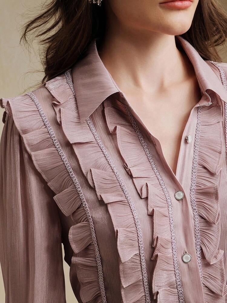 Elegant Romantic Palace Style Retro Fashionable High-End Shiny Fabric Lantern Sleeve Patchwork Ruffle Strap Purple Blouse, Suitable For Summer And Autumn