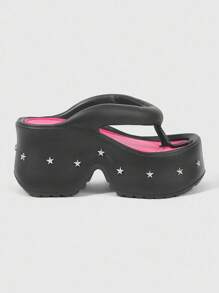 ROMWE Grunge Punk Sandalias góticas de playa con puntera abierta, remaches y estilo punk rock para mujeres, Halloween - Negro - View 1