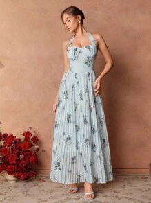 SHEIN Unity 浅蓝色优雅浪漫褶皱胸围设计腰部收紧露肩花卉印花连衣裙，婚礼宾客礼服，仙女裙 - 藍色 - 查看 7