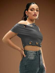 Denimoi 女式斜肩短款时尚上衣，带金属扣眼装饰 - 深灰色 - 查看 5