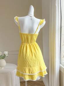 SHEIN Women's Summer Swiss Dot Ruffled Hem Yellow Mini Dress - Yellow - View 2