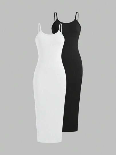 SHEIN Unity Solid Color Slim Fit Daily Wear Spaghetti Strap Dress Maxi Women Outfit
