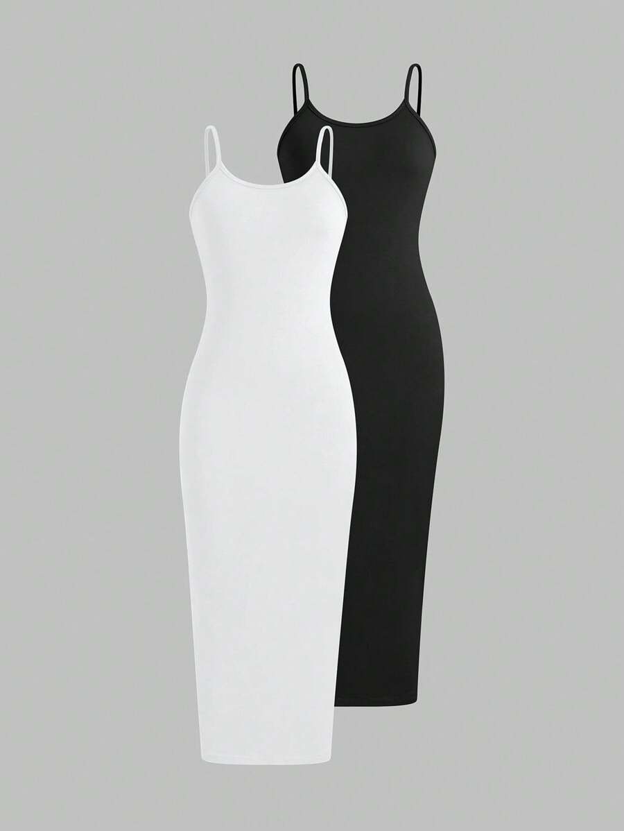 SHEIN Unity Vestido largo con tirantes finos de un solo color de uso diario con corte ajustado para mujeres - Multicolor - Ver 1