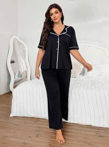 SHEIN Plus Size Front Button Contrast Trim Casual Top & Pants Loungewear Pajama Set, Outfits